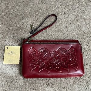 Patricia Nash Varone Rose Tooled Leather Wristlet Maroon